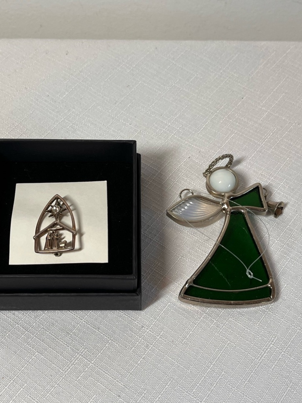 Christmas Brooch & Angel
Green Stained Glass Angel 
Holy Family silver Brooch
